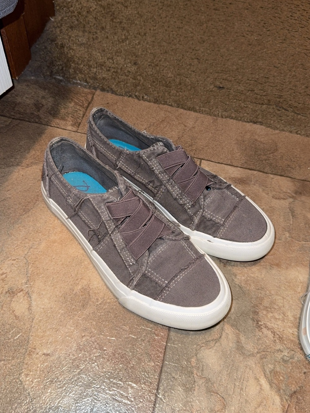 Blowfish gray canvas slip-on sneakers with white soles and elastic straps